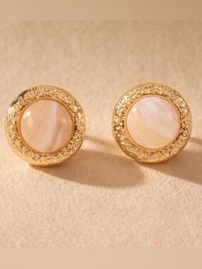 Round Gold and Cream Stud Earrings